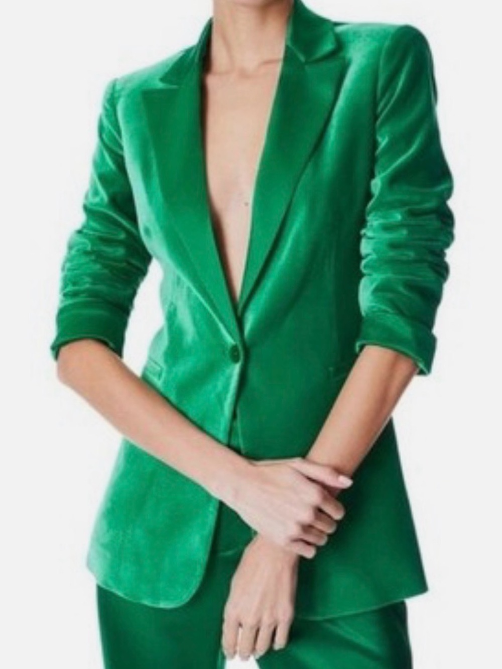 Alice + Olivia Breann Emerald Green Velvet and Satin Fitted Blazer - Sz 6